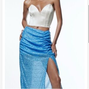 Zara Light Blue Sparkle Sequins Ruched Front Slit Zip Back Party Skirt NWT
